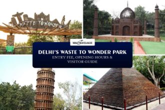 Waste to Wonder Park Delhi showcasing sculptures of the Seven Wonders of the World made from recycled industrial and automobile waste surrounded by greenery